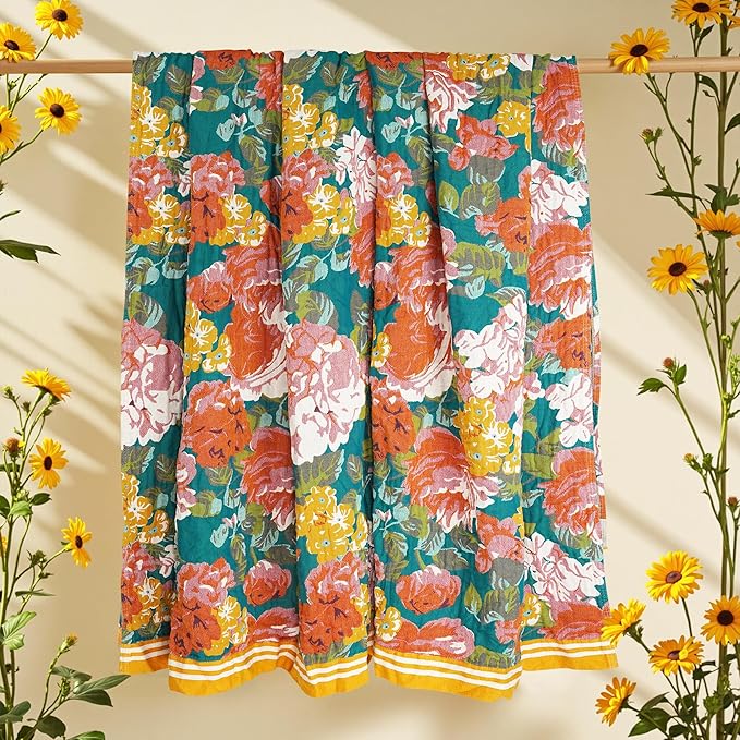 Boho Throw Blanket, 100% Organic Cotton Breathable Ultra Soft 60" x 80" Bed Quilt Throw - All Season Floral Rustic Farmhouse Decor Luxury Reversible Blanket for Sofa Couch Chair and Gift