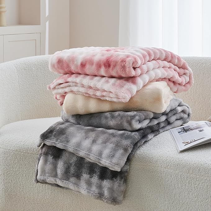 3D Bubble Plush Blanket Textured Fleece Throw Soft Warm Cozy Blanket Couch Bed Tie Dye Beige 50x60 Inches
