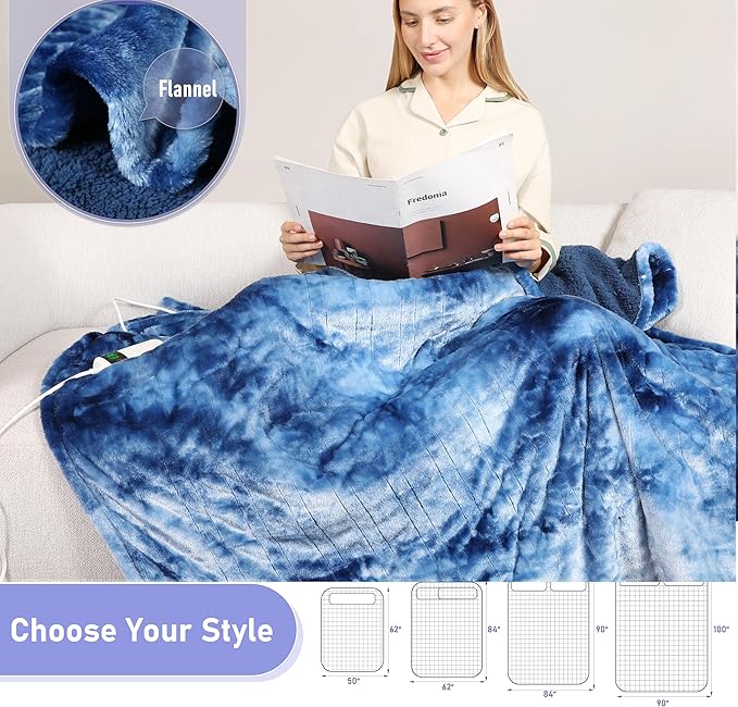 Electric Heated Blanket Throw 50''x60''Size Faux Fur Heating Blanket 10 Heating Settings, 1-8h Timer & Overheat Protection, Machine Washable, Soft Flannel and Sherpa Full Body Warmth