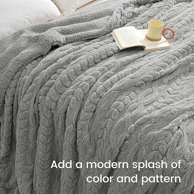 PHF Fluffy Sherpa Blanket King Size for Winter, Warm and Soft, 510GSM 3D Jacquard Thick Shaggy Fleece Plush Blanket for Sofa Bed, Grey, 108"x90"