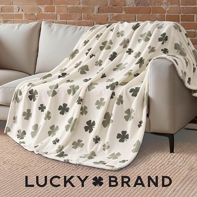 Lucky Brand 50" x 70" Plush Throw Blanket, Clover Toss Ivory Blanket for Sofa or Bed