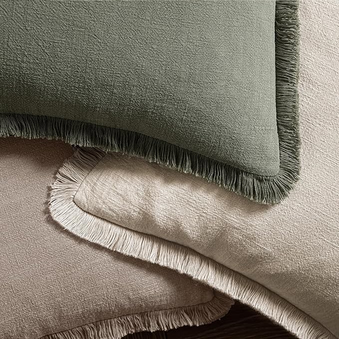 MIULEE Decorative Throw Pillow Covers Neutral Linen Fringe Throw Pillows Euro Shams Set of 2 Dune Boho Farmhouse Cushion Covers for Couch Sofa Bed Living Room Spring Home Decor 26x26 Inch