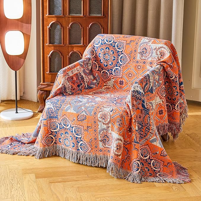 Boho Throw Blanket for Bed Couch 91" x 98", 100% Organic Cotton Skin-Friendly Ultra Soft Quilt Throw - Floral Rustic Living Room Decor Luxury Reversible Blanket for Sofa Chair and Gift