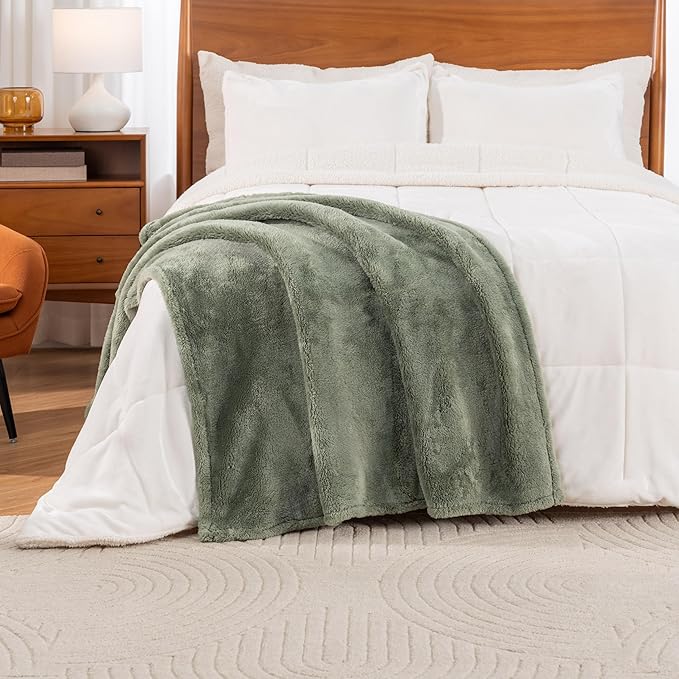 Berkshire Blanket Classic Extra-Fluffy™ Plush Throw Blanket, Soft Fuzzy Fluffy Long Hair Throw Blanket for Couch Sofa Bed, Dark Sage Green, 50x60 Inches