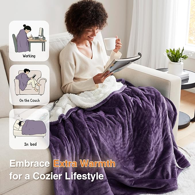 Beautyrest Heated Blanket, Eletric Throw Blanket, Soft, Warm, Reversible Plush - Sherpa Heating Blanket Throw for Office, Couch, 3 Heat Settings, 2 hr Auto Shut Off, Machine Washable, 50 x 60 Purple