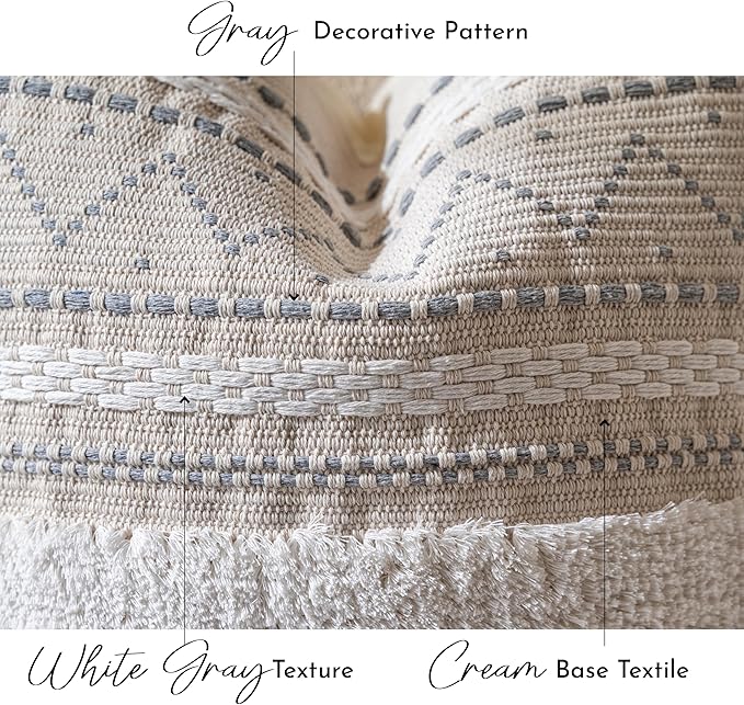 BlissBlush 14x36 Lumbar Pillow Cover for Bed, Rectangular Long Decorative Throw Pillowcase, Boho Accent Cushion with Gray Tufted Pattern and Tassels, Cream Neutral (Cover Only)