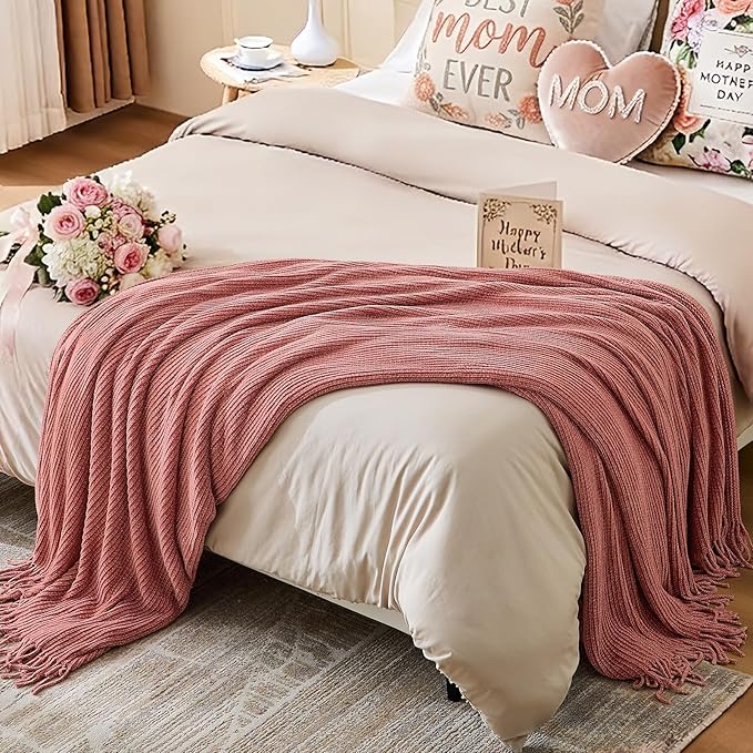 inhand Coral Pink Chunky Chenille Throw Blanket for Couch Bed, Mothers Day/Mom Birthday Gifts for Mom from Daughter Son,Soft Boho Knitted Blanket,Cozy Decor for Living Room,50"x60",Extra Thick