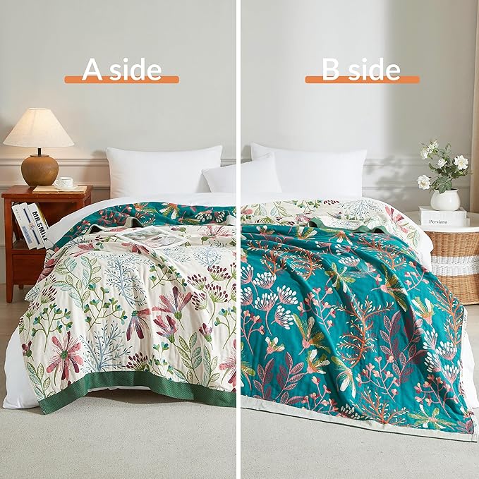 Boho Throw Blanket for Bed 50”x60”, 100% Cotton Woven Blanket for Couch Sofa, Ultra Soft 4-Layer Muslin Quilt with Floral Printed, Farmhouse Bed Blanket/Cover for Living Room Decor