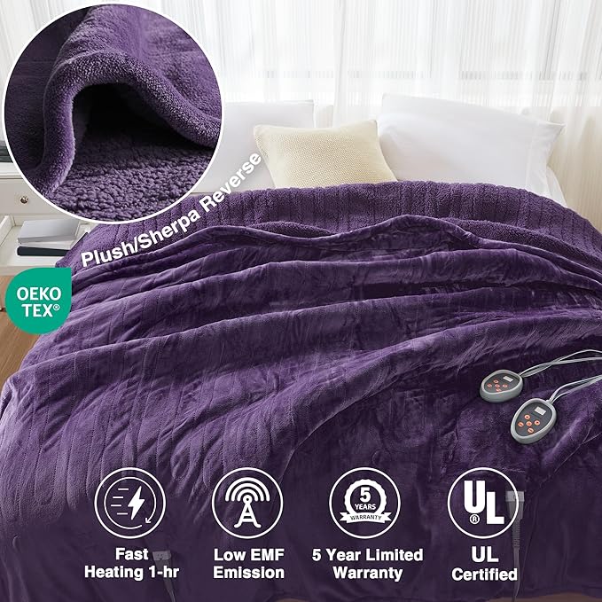 Beautyrest Heated Blanket, Electric Blanket, Soft, Warm, Reversible Plush - Sherpa Heating Blanket with 20 Heat Settings, 1-10 hrs Timer Auto Shut Off, Machine Washable, King (90 inx100 in), Purple