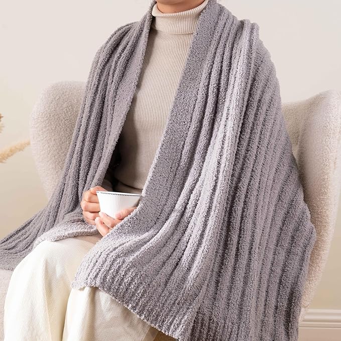BATTILO Throw Blanket for Couch, Fluffy Soft Plush Grey Chenille Blankets, Cozy Warm Lightweight Blanket for Bed, Sofa, Light Gray, 50"x60"