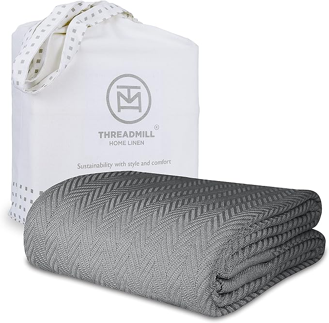Threadmill Luxury Cotton Blankets for Queen Size Bed | All-Season 100% Cotton Queen Size Blanket | Herringbone Cozy, Soft Breathable Fall Thermal Blanket fits Full Size Bed | Dark Grey