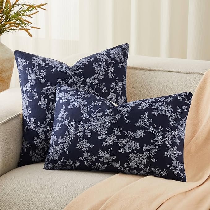100% Cotton French Pastoral Throw Pillow Covers Set of 2, 24x24 Inch Background/Blue Farmhouse Decorative Cushion Covers for Sofa Bed Living Room Home Decor