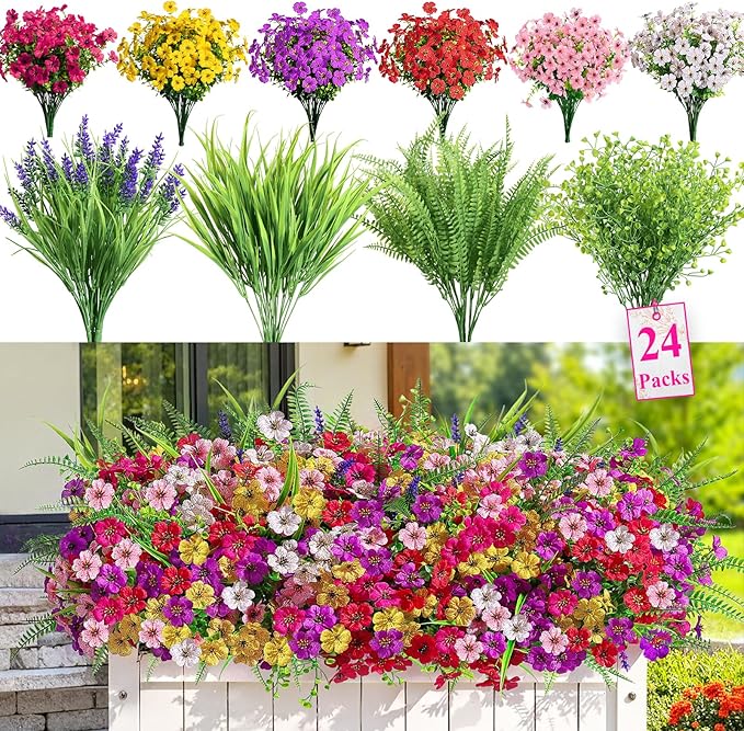 Alupssuc 24 Bundles Artificial Flowers for Outdoors Spring Decoration, UV Resistant Faux Eucalyptus Violet and Lavender Silk Fake Plants for Outside Indoor Decor, Red Rose Purple Yellow Pink White