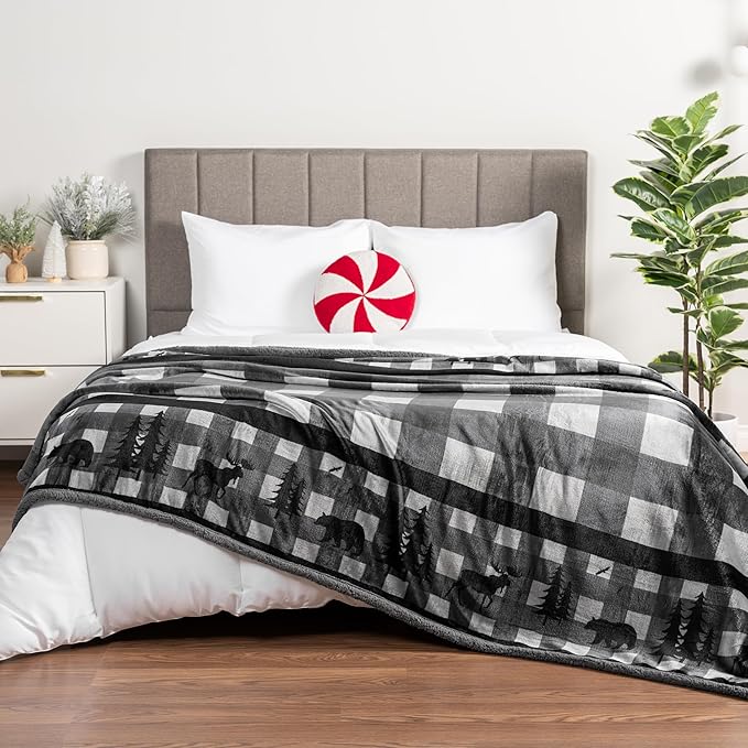 PAVILIA Winter Cabin Sherpa Throw Blanket, Soft Fleece Cozy Grey Christmas Reversible Blanket 50"x60", Warm Plush Rustic Plaid Throw for Couch, Bed, for Family, Friends