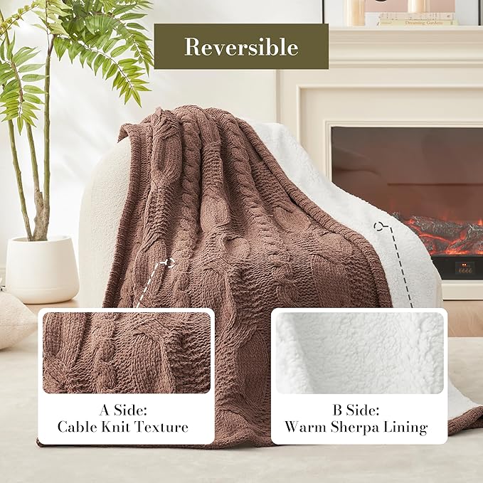 Amélie Home Cable Knit Throw Blanket for Couch Twin, Chenille Sherpa Soft Cozy Throw Blankets for Sofa Chair Comfortable Home, 60"x80", Brown