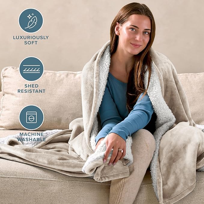 Bare Home Sherpa Fleece Blanket - Full/Queen Size - Blanket for Bed, Sofa, and Couch - Warm & Lightweight - Fluffy & Soft - Reversible (Full/Queen, Oyster)