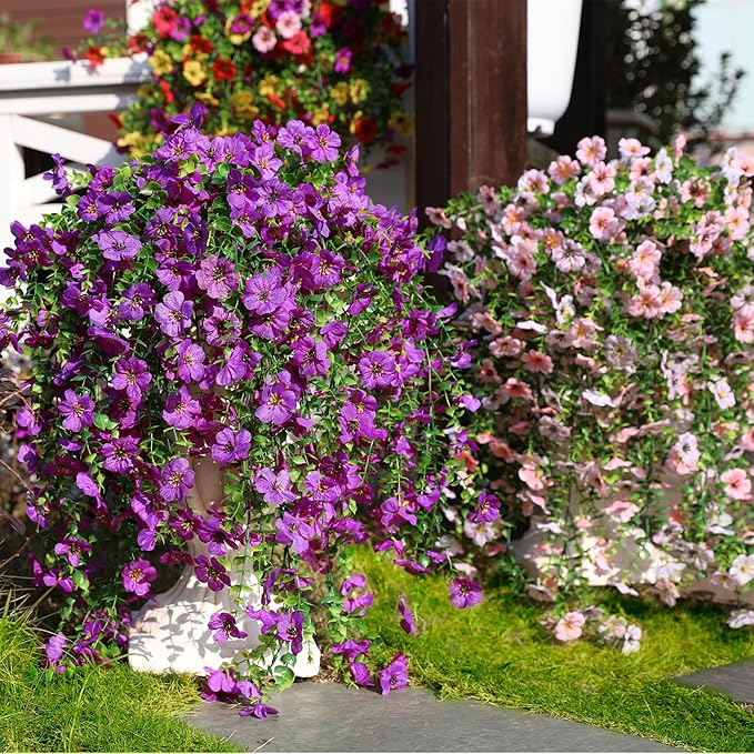 Artificial Flowers for Outdoors Spring Decor, 6 Bundles UV Resistant Realistic Fuax Silk Hanging Flowers, Fake Plants for Planter Indoor Outside Garden Porch Patio Balcony Yard (Pink White)
