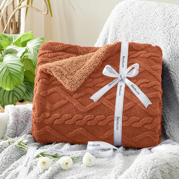 Bedsure Gentlesoft Sherpa Fleece Throw Blanket for Couch - Fluffy & Cozy Cable Jacquard Tufted Throw for Women Gift, Thick and Warm Christmas Blanket for Winter, Orange, 50x60 Inches