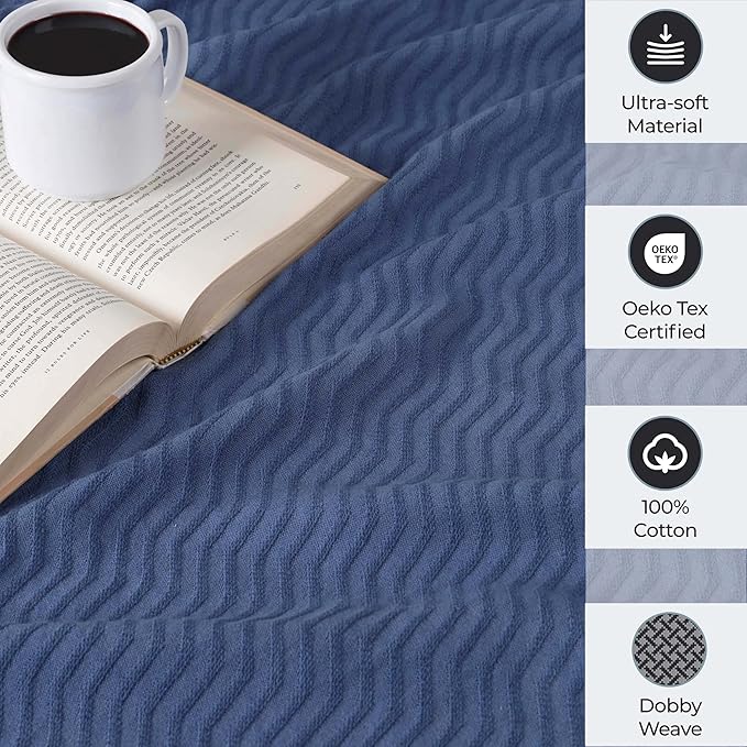 Superior JENA Cotton Blanket, for Picnic, Beach, Traveling or Camping, Bedroom Decor, Essentials, Cover for Bed, Couch, Lounging, Textured Jacquard, Modern Chevron Woven Blanket, Twin, Merritt Blue