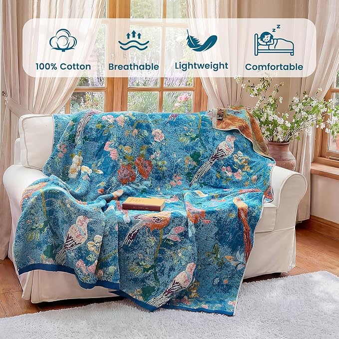 MSGKV Boho Throw Blanket for Couch 50"x60" Cotton Blanket with Floral and Bird Spring Breathable Lightweight Farmhouse Decorative Blankets for Sofa Muslin All Seasons