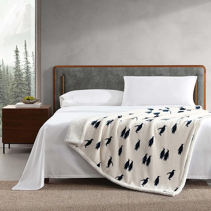 Eddie Bauer - Throw Blanket, Brushed Fleece & Plush Sherpa Bedding, Blanket for Couch & Bed (Emperor Penguin Blue, 50" x 60")