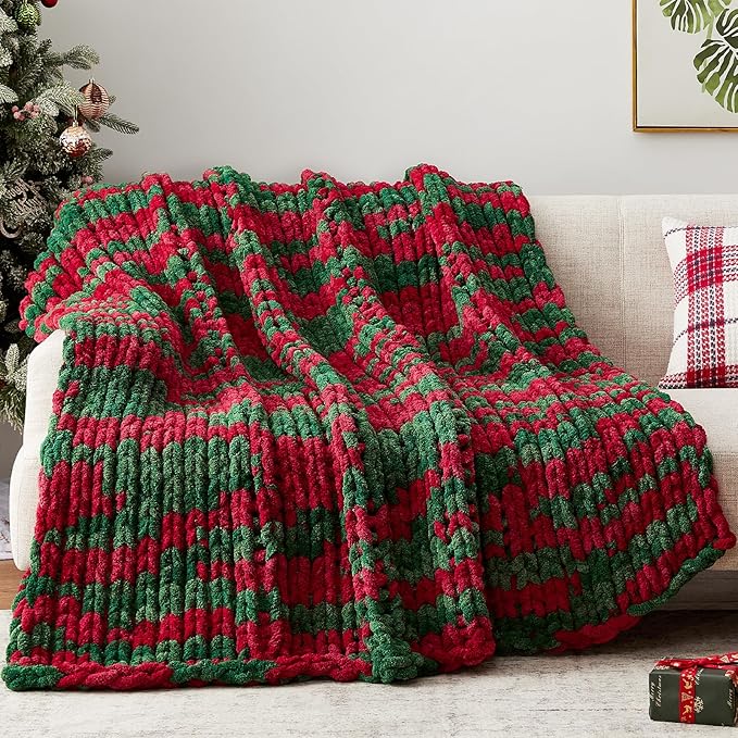 Chunky Knit Throw Blanket, 80''*90'' Knitted Throw Chenille Yarn for Bed Couch, Handmade Stripe Crochet Big Thick Blanket, Machine Washable Cute Comfy Blanket for Home Decor