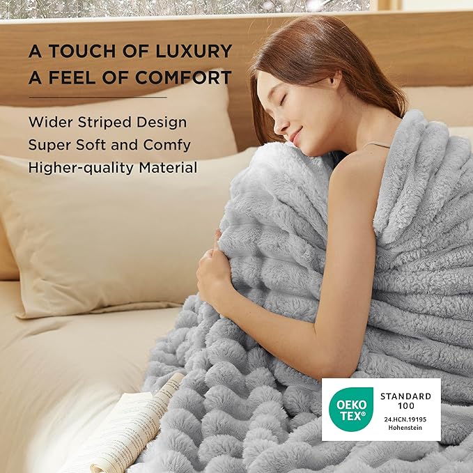 Bedsure Blankets Queen Size for Bed - 350GSM Super GentleSoft Fuzzy Fluffy Cozy Blankets for Women, Cute Large Plush Fleece Throws for Girls, Light Grey，90x90 Inches, Wider Striped Design