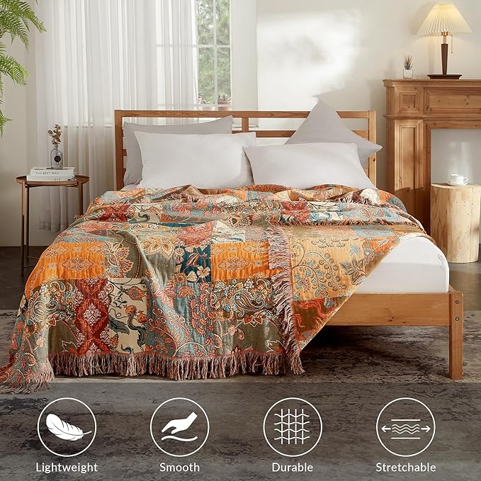 Boho Throw Blanket for Couch Sofa Bed, 100% Cotton Woven Quilt with Tassel 50”x60”, Super Soft Muslin Blanket with Floral Printed, Decorative Reversible Bed Blanket/Cover for All Seasons