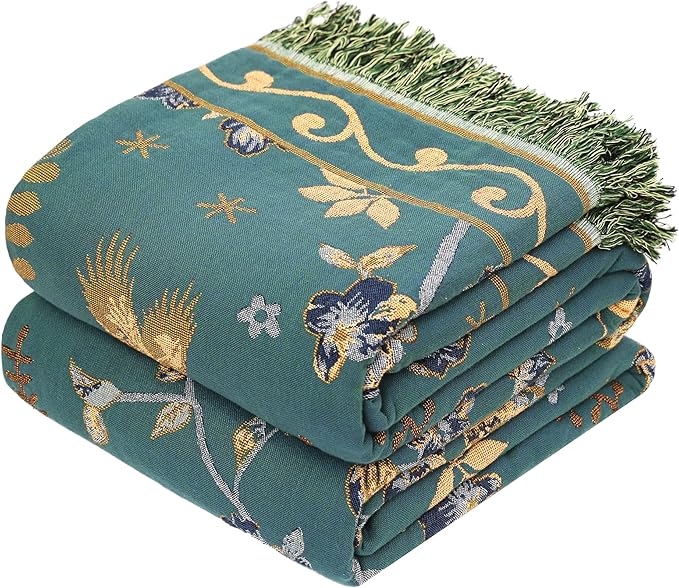 Boho 100% Cotton Large Throw Blanket - All Season Rustic Ultra Soft Breathable Floral Bird King Blanket for Bed Sofa Couch Chair Bedspread Quilt Gift, 91" x 98"-Teal/Beige