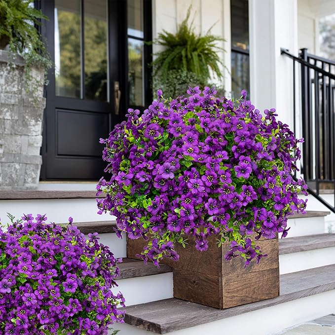 Artificial Flowers for Outdoors Fake Plants - 16 Bundles Fake Plants UV Resistant No Fade Faux Plastic Greenery Home Garden Porch Patio Decoration Office Indoor (Purple)