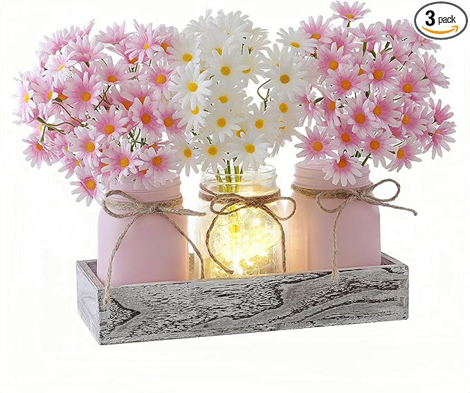 Mason Jar Lights Centerpiece Table Decor for Dining Room – Farmhouse Wood Tray with 3 Jars, Pink & White Daisy Flowers, Valentines Day & Wedding Decoration for Coffee Table, Kitchen, Living Room