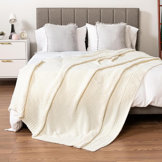 PAVILIA Super Soft Throw Blanket for Couch, Fluffy Cozy Lightweight Cream Blanket, Large Fuzzy Warm Knit Blanket for Bed Sofa, Beige, 60x80