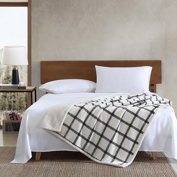 Eddie Bauer - Throw Blanket, Brushed Fleece & Plush Sherpa Bedding, Blanket for Couch & Bed (Bunkhouse Plaid Beige, 50" x 60")