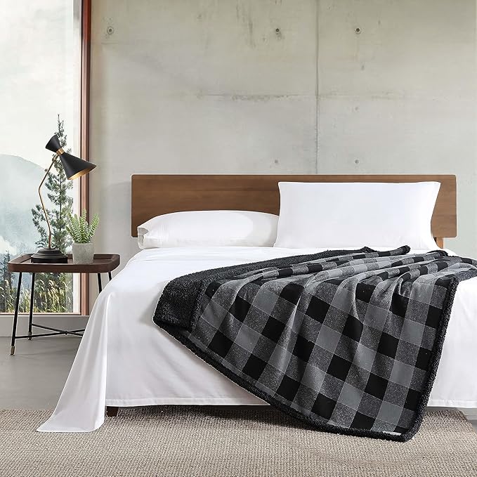 Eddie Bauer - Throw Blanket, Yarn Dyed Cotton Bedding with Solid Ultra-Soft Sherpa Reverse, Throw Blanket for Couch & Bed (Cabin Plaid Grey, 50" x 60")