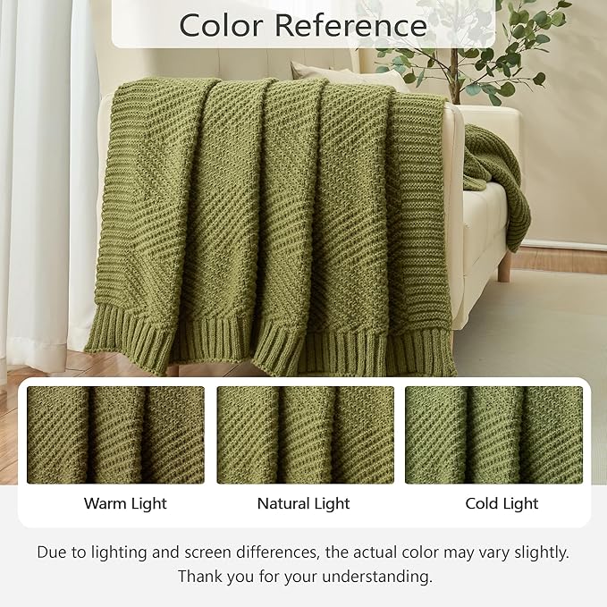 Knitted Throw Blanket 50"X60", Olive Green Knit Throws for Bed, Super Soft Boho Chevron Blankets for Couch Sofa Chair Room Decor, Textured Decorative Farmhouse Cozy Lightweight