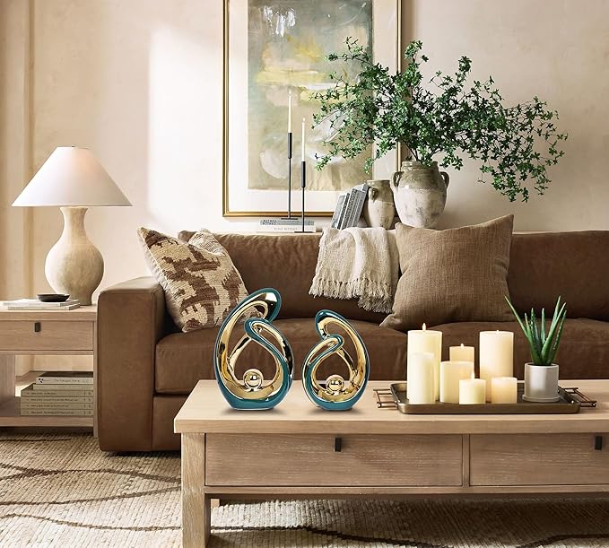 2 Pcs Green and Gold Decor Centerpiece Table Decorations Mid Century Modern Decor Ceramic Decor Figurine Centerpieces for Living Room Dining Room kitchen Fireplace Shelf Office Coffee Table Decor