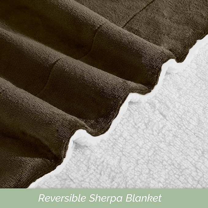 Elegant Comfort Ultra Soft Reversible Flannel Sherpa Blanket - Cozy Silky Fleece Throw for Couch, Bed - Plush Fuzzy Warm Winter Blanket for Gift, Full, Brown