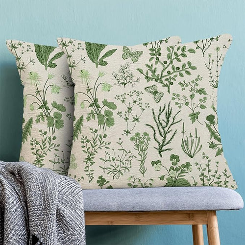 AEIOAE Summer Pillow Covers 18x18 Inch Set of 2,Olive Green Wild Flower Plant Throw Pillows Case,Seasonal Floral Outdoor Decorative Square Linen Farmhouse Decor Cushion Covers for Home Sofa Bed Couch