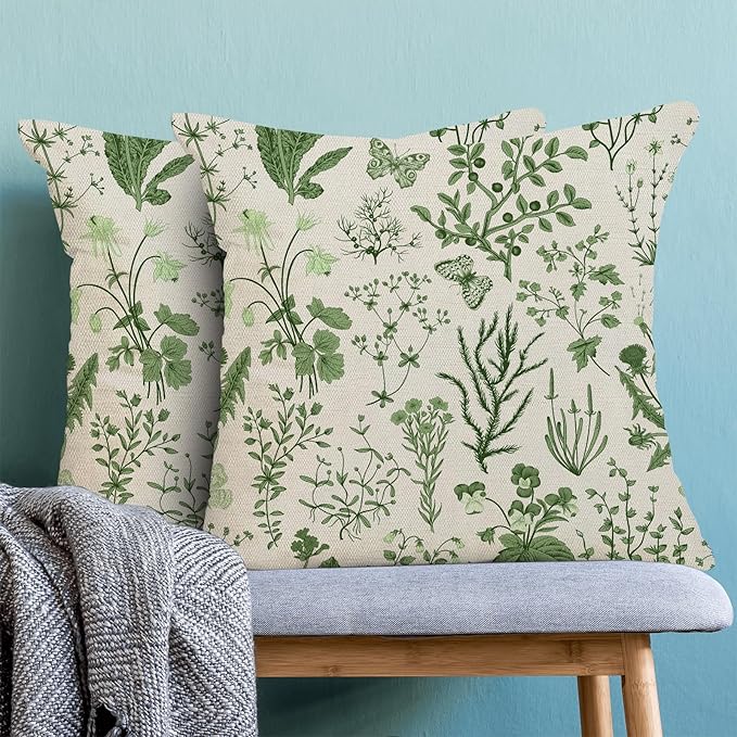 AEIOAE Summer Pillow Covers 22x22 Inch Set of 2,Olive Green Wild Flower Plant Throw Pillows Case,Seasonal Floral Outdoor Decorative Square Linen Farmhouse Decor Cushion Covers for Home Sofa Bed Couch