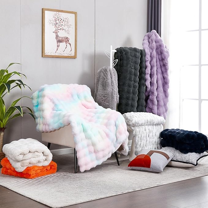 DREAMNINE Decorative Colorful Soft Thick Faux Fur Throw Blanket for Kids Girl Women 50" x 60",Luxury Rainbow Tie-dey Fleece Fuzzy Blankets,Warm Cozy Plush Furry Blankets for Winter,Cute Lovely Blanket