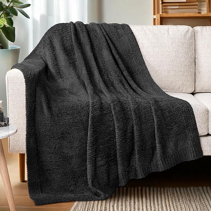 PAVILIA Super Soft Throw Blanket for Couch, Fluffy Cozy Lightweight Black Blanket, Fuzzy Warm Knit Blanket for Bed Sofa, 50x60