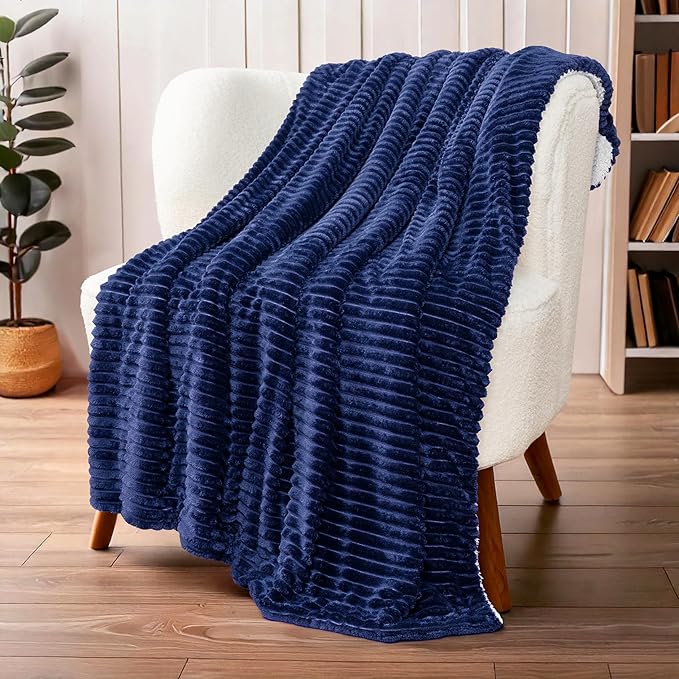 PAVILIA Navy Sherpa Fleece Throw Blanket for Couch Twin, Soft Plush Fuzzy Blankets, Fluffy Flannel Sherpa Blanket for Bed, Warm 3D Ribbed Winter Blanket Gift, 60x80 inches