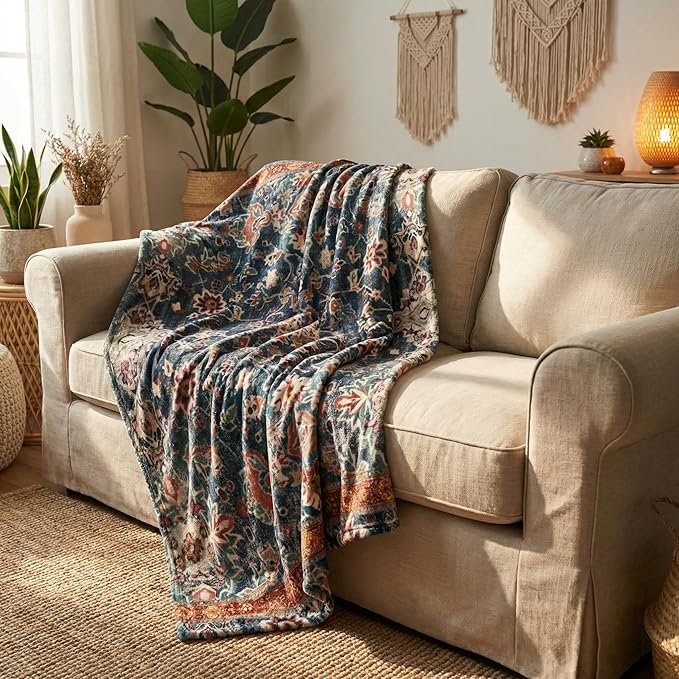 Horaldaily Boho Bohemia Style Blanket Throw, Vintage Country Rustic Farmhouse Soft Fuzzy Plush Faux Fur Cozy Blankets for Couch Sofa Bed Lounging, Ideal Gifts for Kids Adults Wife Self, 60x80