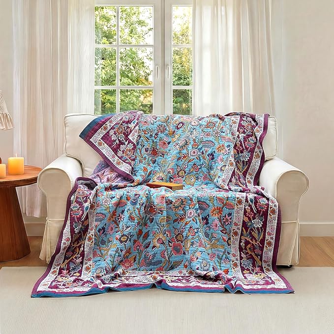 Boho Throw Blanket - 100% Cotton Ultra Soft Muslin Blanket, 60"x80" Lightweight Framhouse Bedding Spring Blanket for Bed, All Season Blue and Purple Floral Bohemian Bedroom Home Decor Quilt