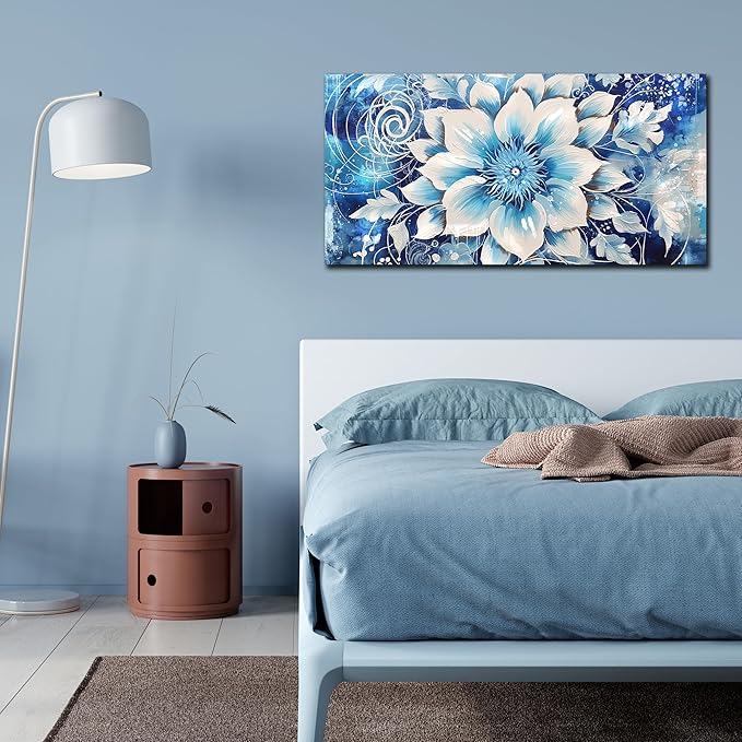 Flower Picture Wall Decor for Bedroom Large Blue Flower Canvas Wall Art for Office Framed Floral Wall Art for Living Room Ready To Hang Size 40 x 20 Inch