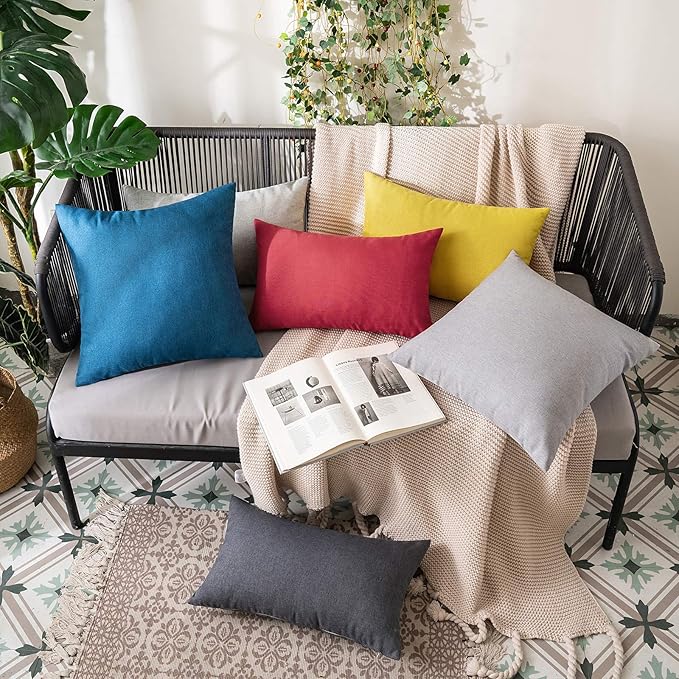 MIULEE Pack of 2 Decorative Outdoor Solid Waterproof Throw Pillow Covers Faux Linen Garden Farmhouse Cushion Cases for Patio Tent Balcony Couch Sofa 20x12 Inch Dark Grey