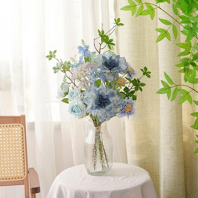 Artificial Flowers in Vase Centerpiece – Blue Dahlia & Rose Arrangement, Coastal Style Faux Floral Table Decorations for Coffee Table, Dining Room, Living Room, Bathroom & Beach House Home Decor