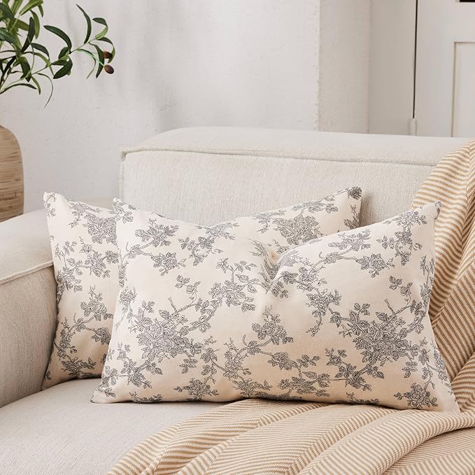 100% Cotton French Pastoral Lumbar Throw Pillow Covers Set of 2, 12x20 Inch Black Farmhouse Decorative Cushion Covers for Sofa Bed Living Room Home Decor