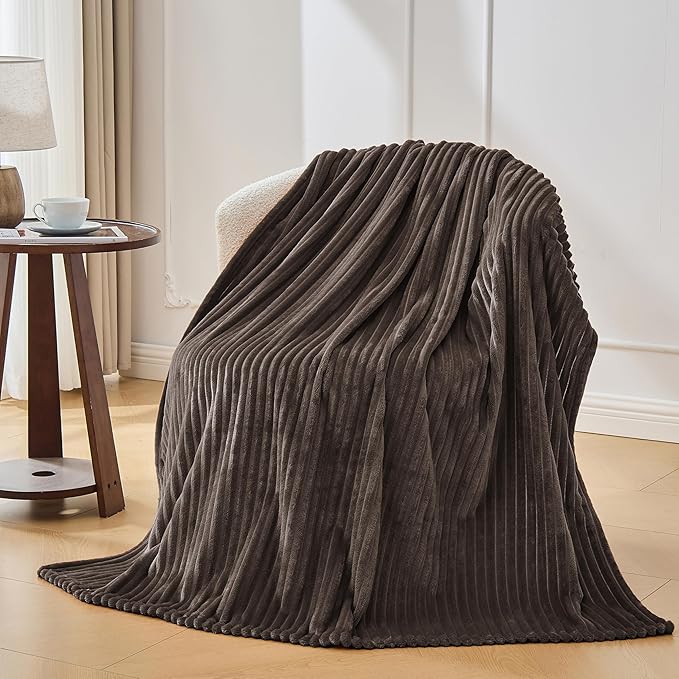 Bnuitland Brown Fleece Throw Blanket for Couch, 300GSM Soft Warm Cozy Fluffy Throw for Adults & Kids, Stripe Pattern 60"x80", All Season Sofa Bed Blanket for Home Decor