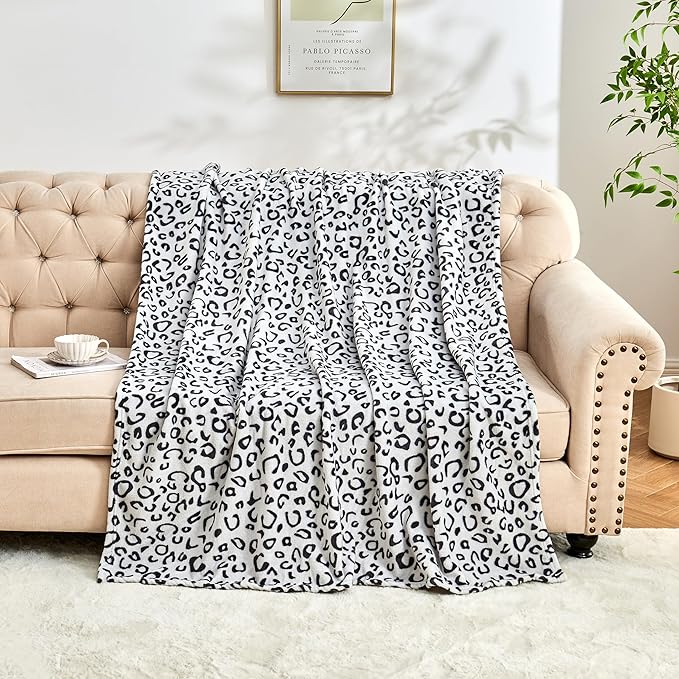 Leopard Print Blanket Fleece Throw for Bed Sofa Travel and Camping, Super Soft Cozy Fluffy Plush Cheetah Print Blanket for All Seasons 50"x60" (Grey)